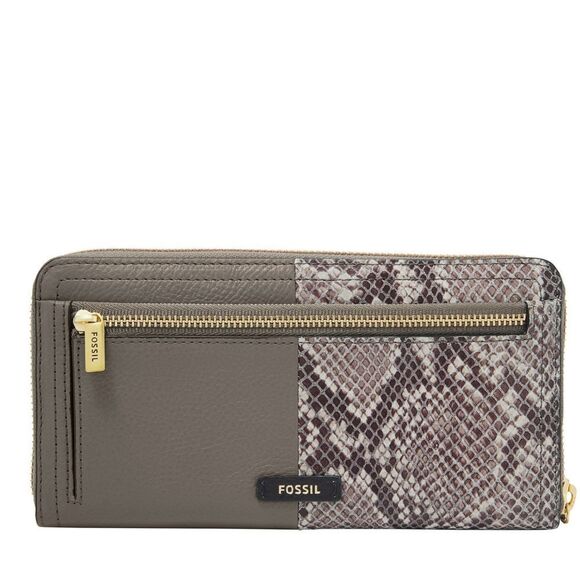 New! FOSSIL Logan RFID Wallet Zip Clutch Wristlet Strap Taupe Snakeprint Black - Picture 2 of 10